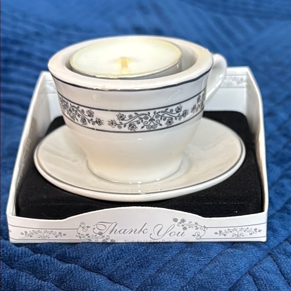 White and Black Teacup Tea Light Candle Holder, set of 2